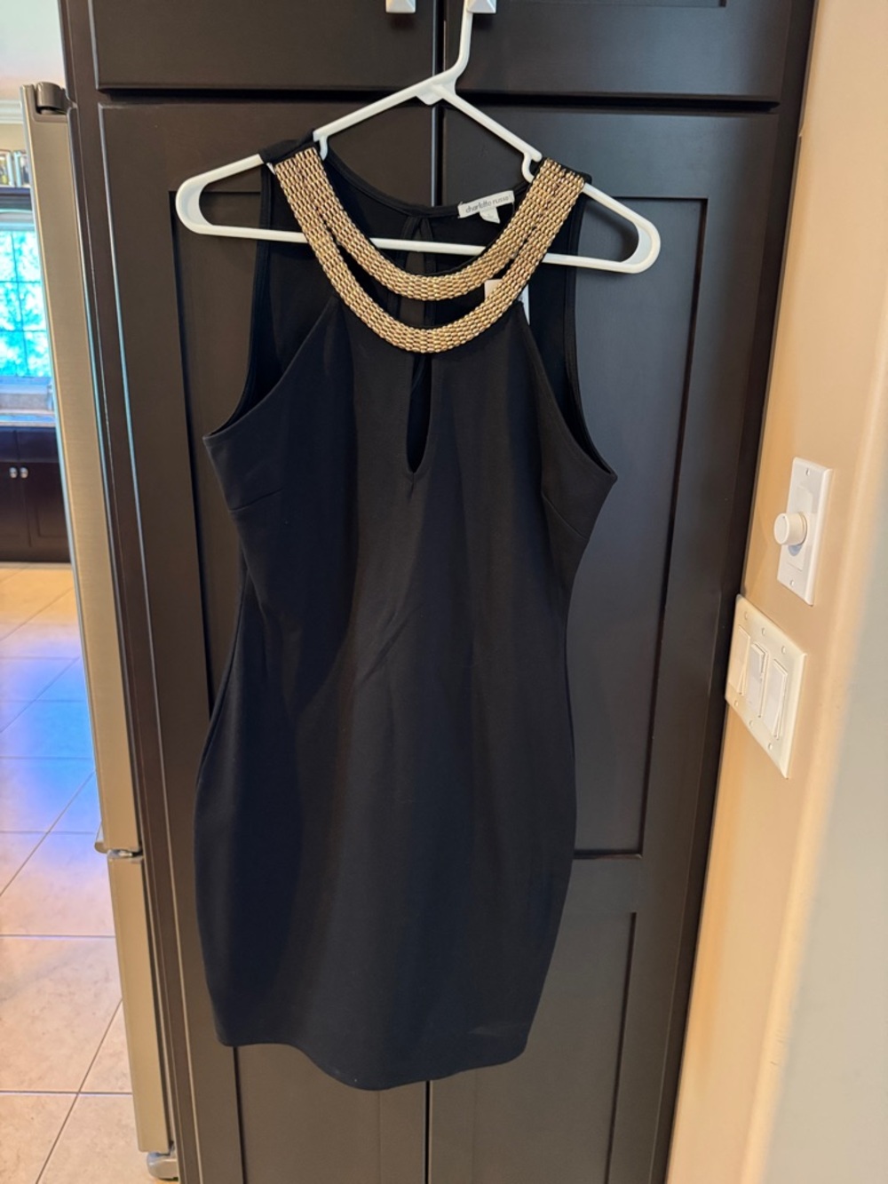 Elegant Black Sleeveless Dress with Gold Neckline Detail NWT L